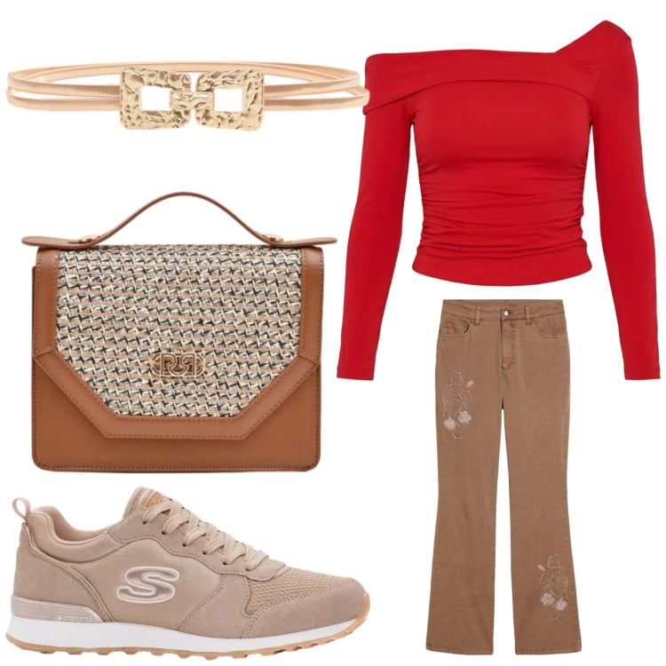 Outfit donna - E\' arrivata la bella stagione. Stile Casual per Tutti i giorni. Abbinamento con sneakers, jeans bootcut, pochette, cinture, t-shirt.