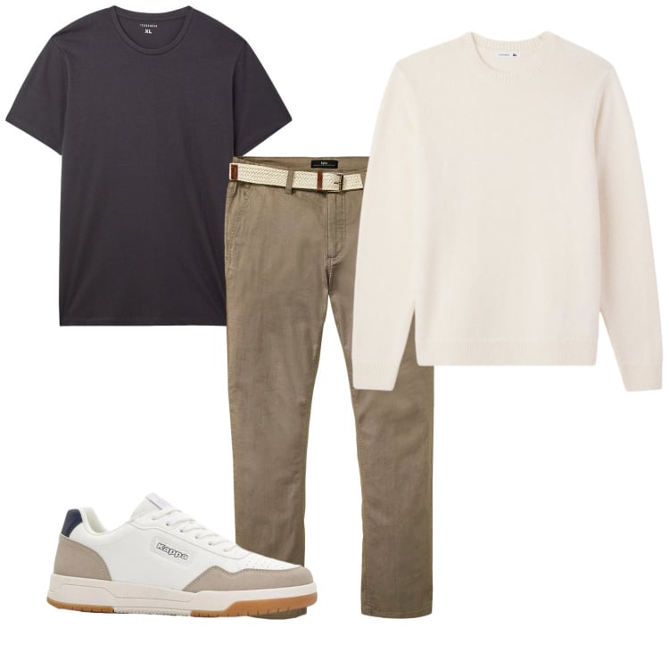 Outfit uomo - Neutri. Stile Casual per Tutti i giorni. Abbinamento con pantaloni chino, sneakers, t-shirt, pullovers.