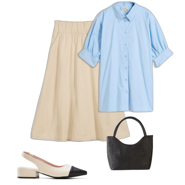 Outfit femme - Printemps. Style Vintage rétro pour Bureau. Assortir avec chaussures à talon, sac cabas, chemisiers, jupes.