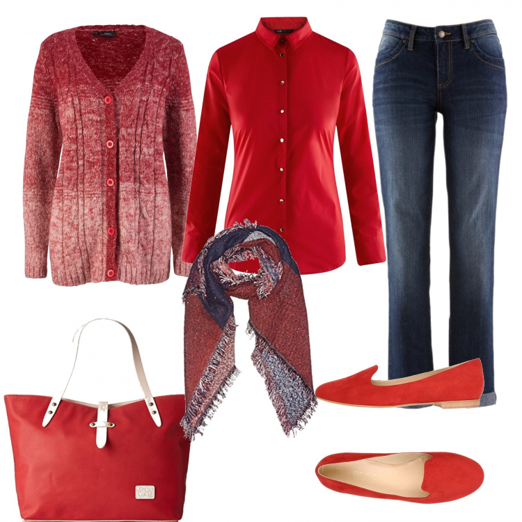 Outfit donna - Per chi ama il rosso!. Stile Bon Ton per Ufficio. Abbinamento con jeans dritti, cardigan rosso, mocassini effetto scamosciato con punta tonda tinta unita, camicia con bottoni rosso, borsa a mano rosso, sciarpa taglia unica rosso e bordeaux.