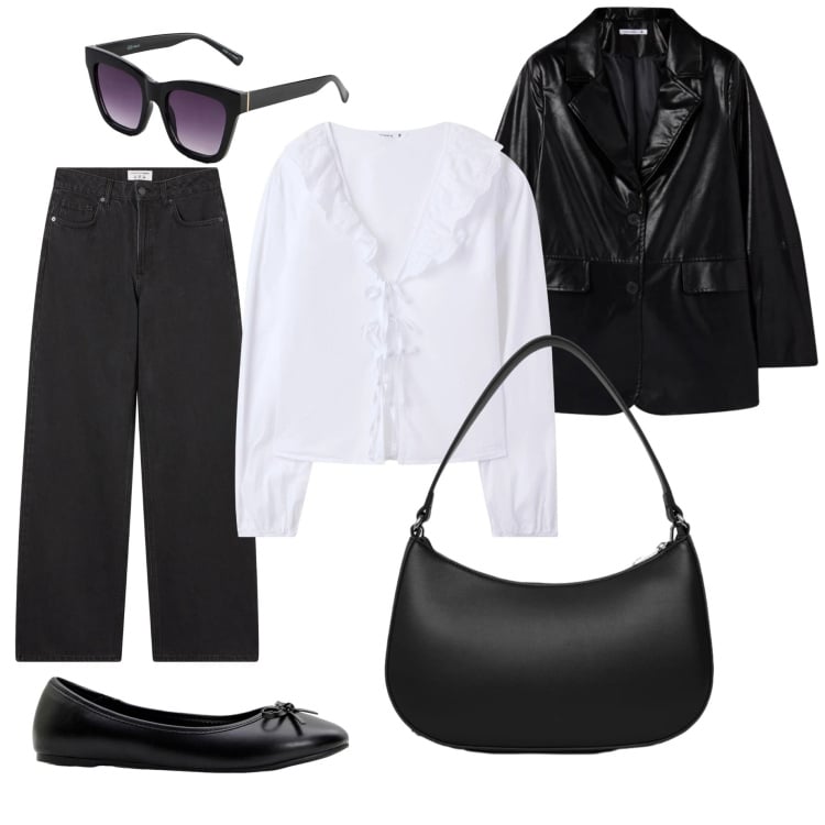 Outfit donna - In black and white. Stile Casual chic per Ufficio. Abbinamento con ballerine, occhiali da sole, camicie, jeans, borse a tracolla, blazer.