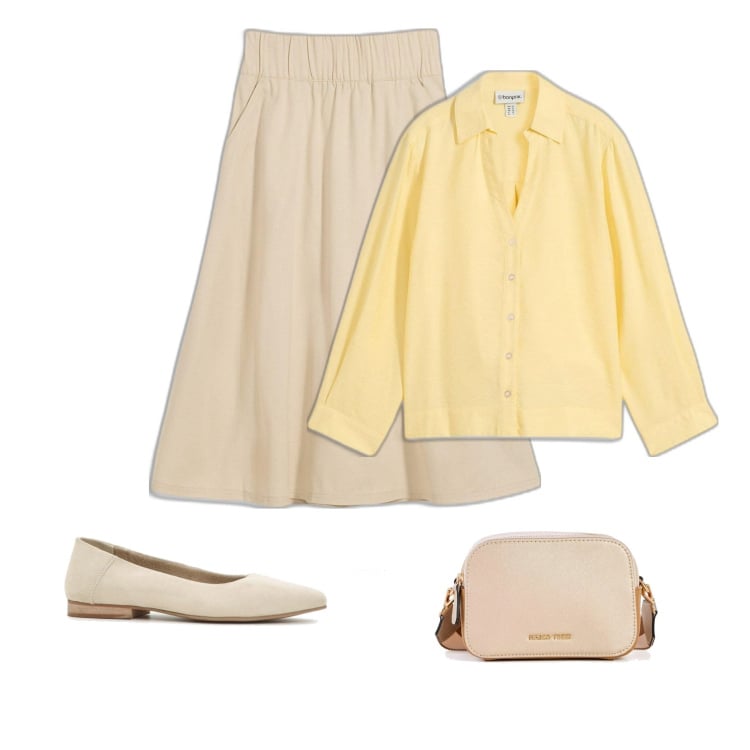 Outfit femme - Jupe beige. Style Vintage rétro pour Tous les jours. Assortir avec ballerines, chemisiers, jupes, sacs en bandoulière.