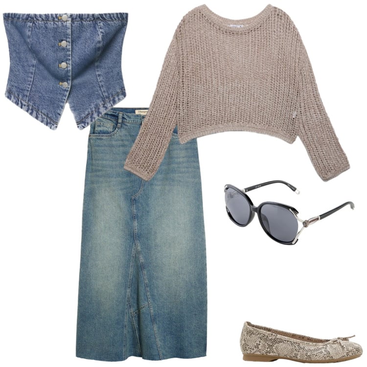Outfit donna - Gonna in jeans. Stile Casual per Tutti i giorni. Abbinamento con gonne, ballerine, occhiali da sole, maglieria, top.