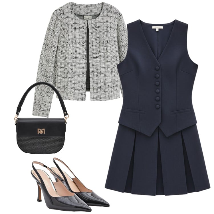 Outfit donna - In ufficio. Stile Casual chic per Ufficio. Abbinamento con cardigans, borse a spalla, vestiti corti, décolleté.