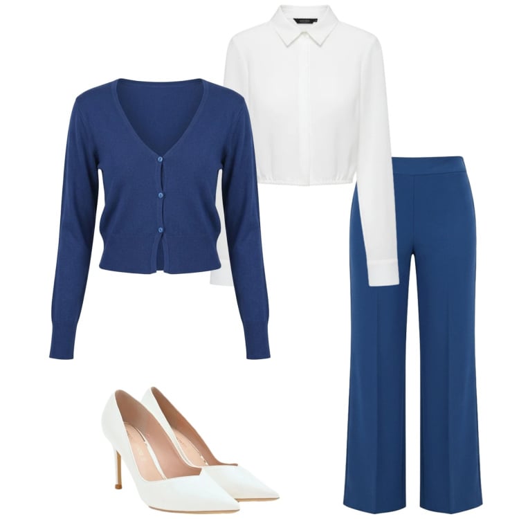 Outfit donna - Rinascimento. Stile Basic per Ufficio. Abbinamento con cardigans, camicie, décolleté, pantaloni a palazzo.