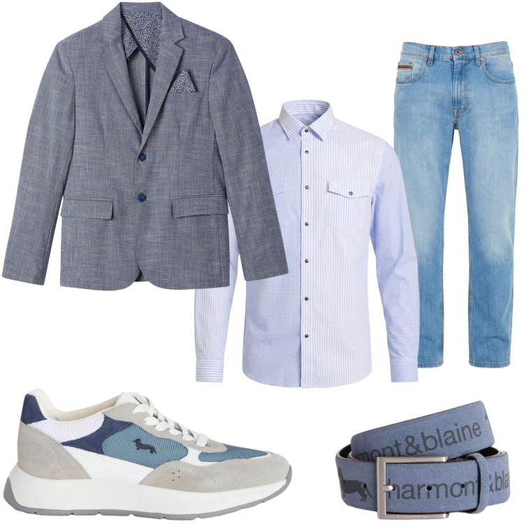 Outfit uomo - Total look #2371028. Stile Trendy per Ufficio. Abbinamento con jeans, sneakers, cinture, camicie, giacche.