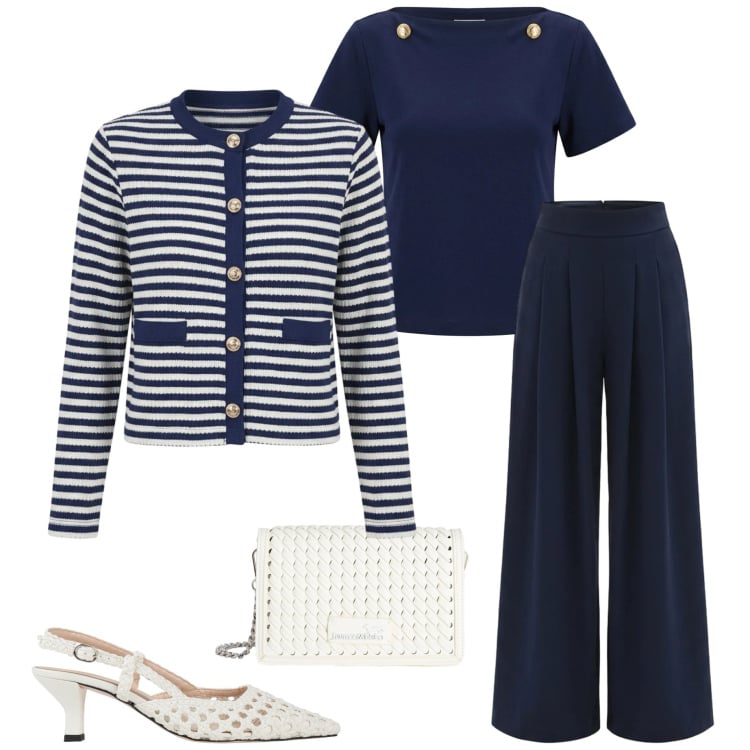 Outfit donna - Cardigan Rigato. Stile Minimal per Tutti i giorni. Abbinamento con décolleté, borse a tracolla, cardigans, t-shirt, pantaloni a palazzo.