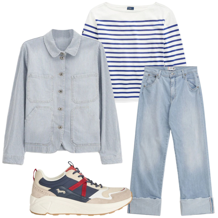 Outfit donna - Casual style. Stile Casual per Tutti i giorni. Abbinamento con t-shirt, blazer, jeans dritti, sneakers.