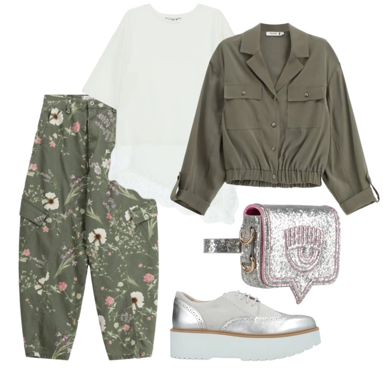 Outfit donna - Marzo. Stile Trendy per Tutti i giorni. Abbinamento con scarpe stringate, marsupi, camicie, top, pantaloni cargo.