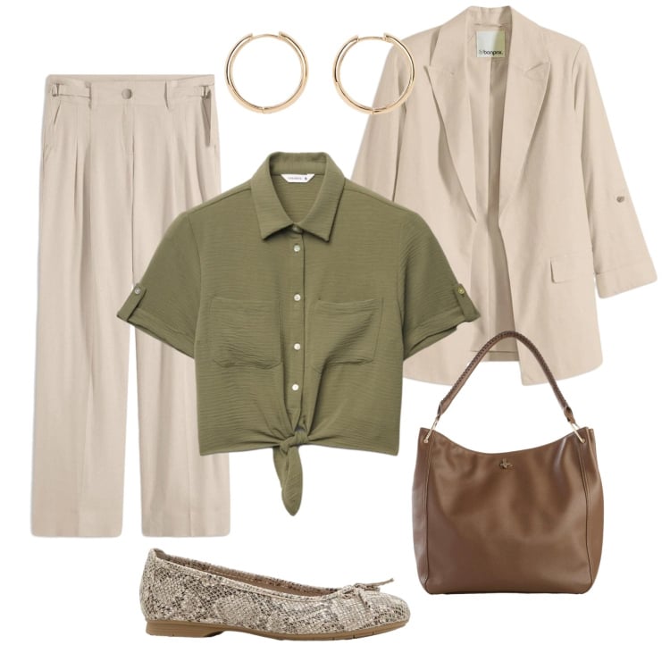 Outfit donna - Primavera con le ballerine. Stile Casual chic per Scuola/Università. Abbinamento con pantaloni a palazzo, ballerine, orecchini, borse a tracolla, blazer, camicie a manica corta.