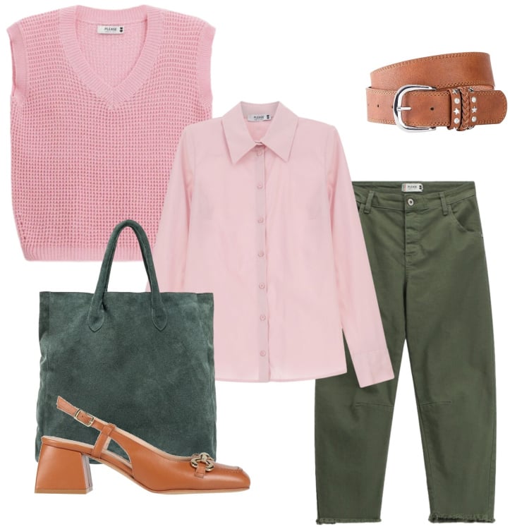 Outfit donna - Rose & Moss Elegance. Stile Preppy per Tutti i giorni. Abbinamento con décolleté, cinture, camicie, top, pantaloni, borse a mano.