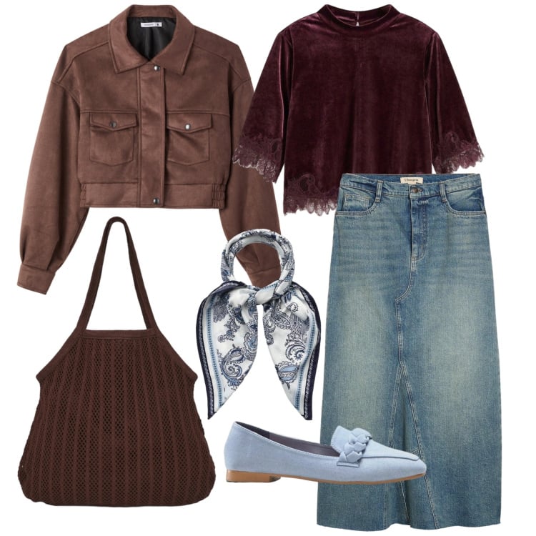 Outfit donna - Marzo. Stile Trendy per Tutti i giorni. Abbinamento con bluse, mocassini, gonne, bomber, shopping bag, foulard.