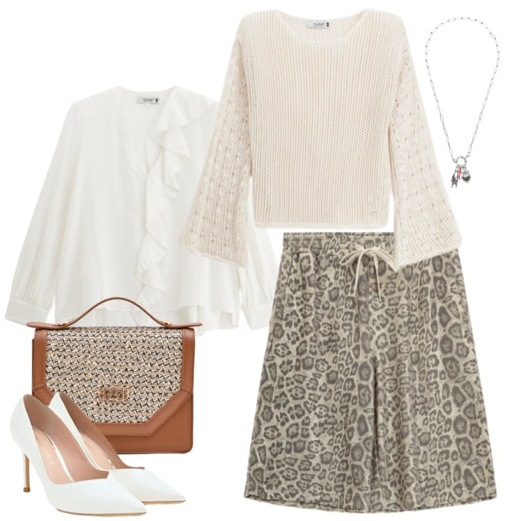 Outfit donna - Wild Romance & Creamy Textures. Stile Romantica per Tutti i giorni. Abbinamento con maglieria, bluse, bermuda, pochette, décolleté, ciondoli.