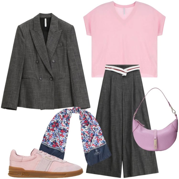 Outfit donna - Tailleur contemporaneo. Stile Chic per Ufficio. Abbinamento con pantaloni a palazzo, blazer, t-shirt, borse a spalla, sneakers, foulard.