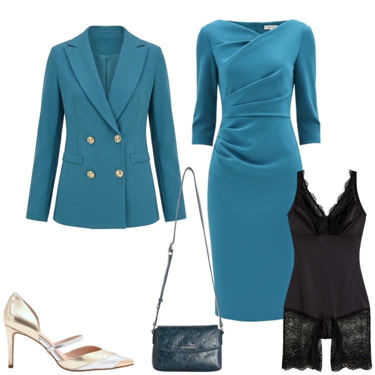 Outfit donna - Total look #2371060. Stile Bon Ton per Cerimonia. Abbinamento con body, borse a tracolla, décolleté, blazer, vestiti asimmetrici.