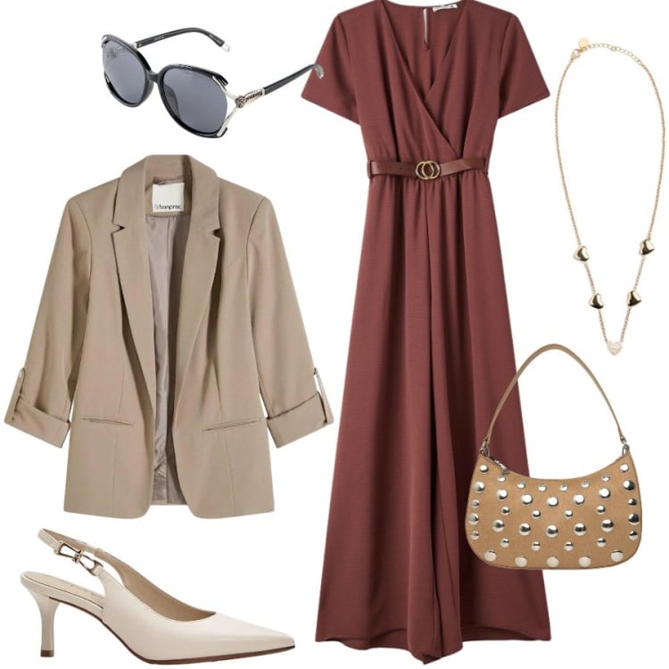 Outfit donna - Total look #2371063. Stile Casual chic per Tutti i giorni. Abbinamento con décolleté, blazer, occhiali da sole, vestiti lunghi, borse a tracolla, collane.