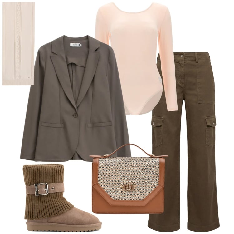 Outfit donna - Total look #2371064. Stile Casual chic per Tutti i giorni. Abbinamento con pantaloni cargo, blazer, pochette, body, sciarpe, stivaletti.