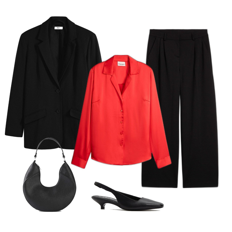 Outfit femme - Chemisier rouge. Style Glamour pour Bureau. Assortir avec blazers, pantalon , chaussures à talon, sacs à main, chemisiers.