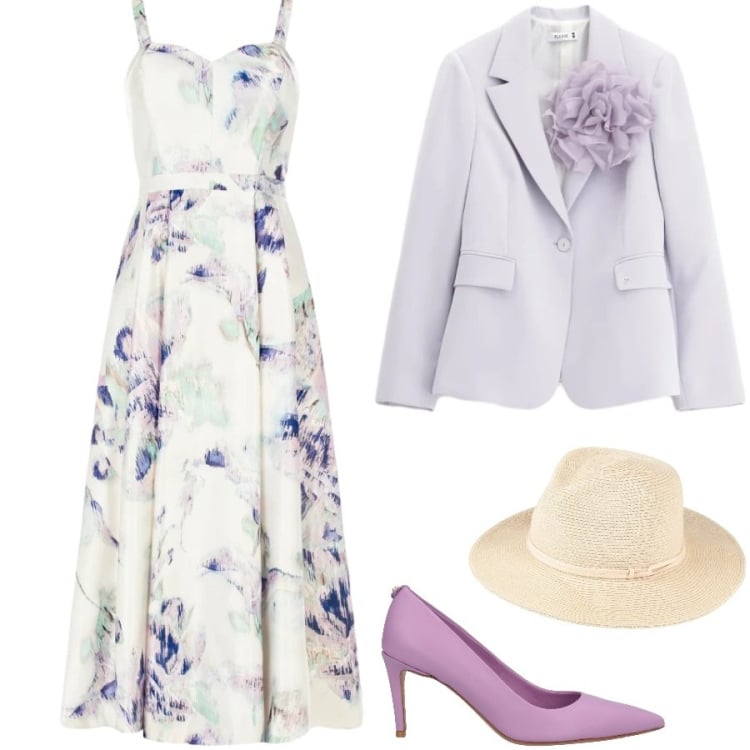 Outfit donna - Total look #2371069. Stile Romantica per Cerimonia. Abbinamento con cappelli, décolleté, blazer, vestiti midi/longuette.