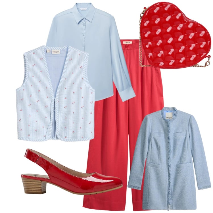 Outfit donna - Celeste passione. Stile Urban per Ufficio. Abbinamento con gilet, décolleté, pantaloni, blazer, camicie, borse a tracolla.