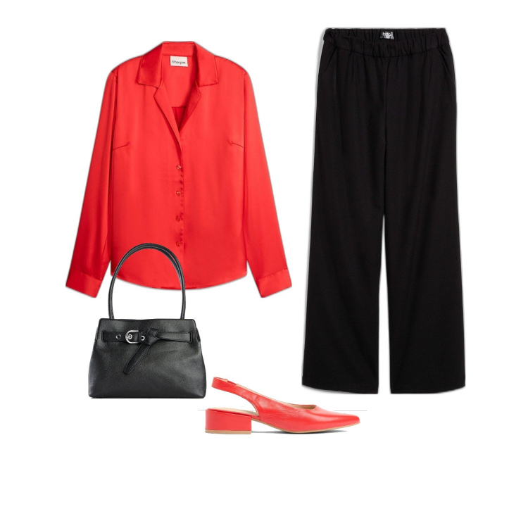 Outfit femme - Rouge & noir. Style Glamour pour Tous les jours. Assortir avec pantalon large en bas, chemisiers, sacs à main, chaussures à talon.