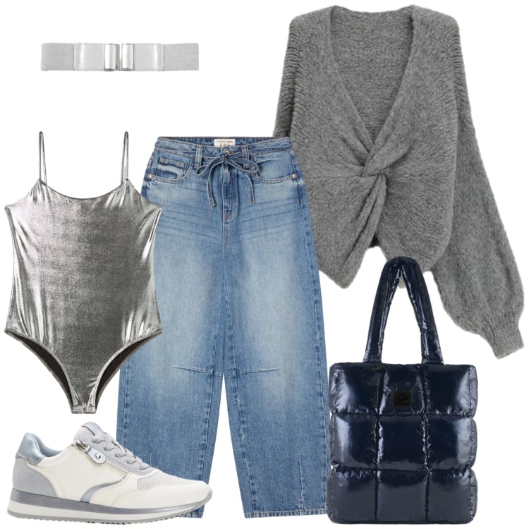Outfit donna - Total look #2371075. Stile Casual per Tutti i giorni. Abbinamento con sneakers, cinture, body, jeans, cardigans, shopping bag.
