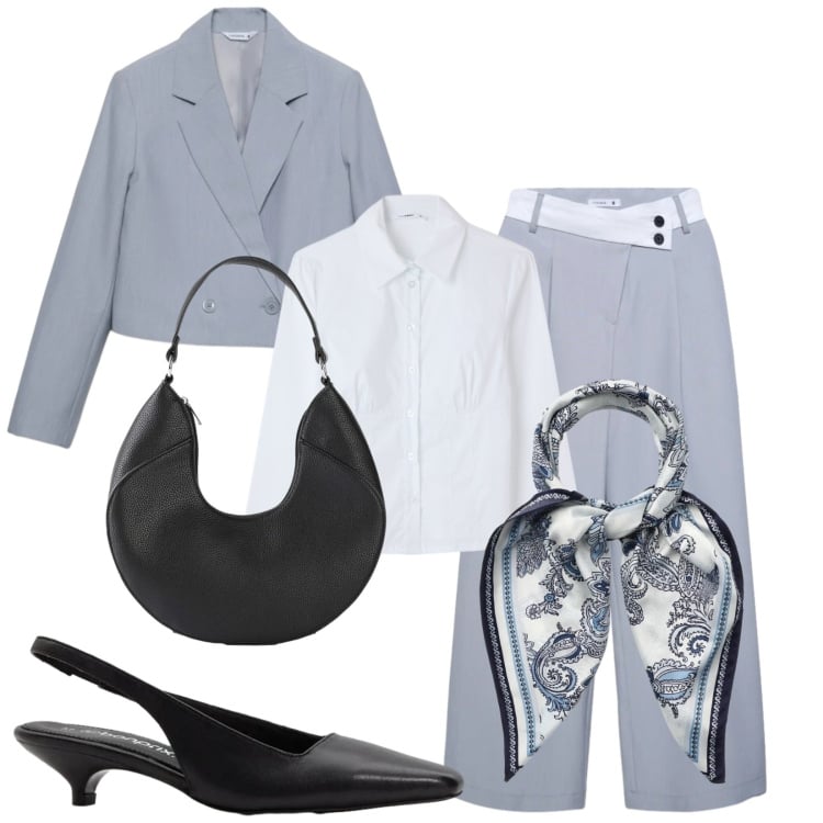 Outfit donna - Tailleur morbido. Stile Minimal per Ufficio. Abbinamento con décolleté, borse a mano, foulard, blazer, pantaloni, camicie.