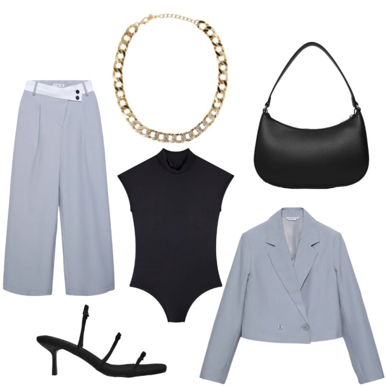 Outfit donna - Total look #2371089. Stile Chic per Ufficio. Abbinamento con pantaloni, blazer, body, collane, borse a tracolla, sandali col tacco.