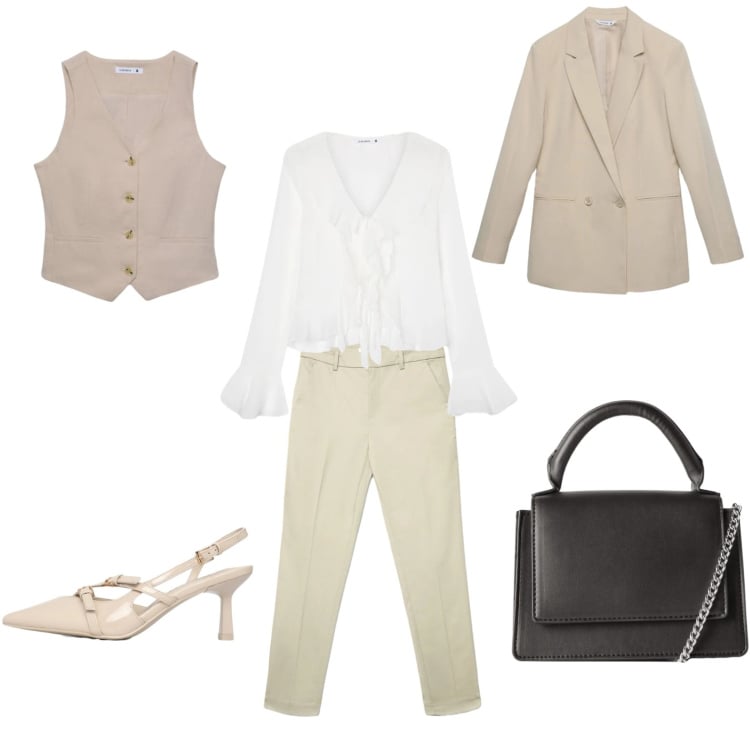 Outfit donna - Sinfonia Beige: il fascino del Completo. Stile Glamour per Cerimonia. Abbinamento con bluse, décolleté, borse a tracolla, gilet, blazer, pantaloni skinny.