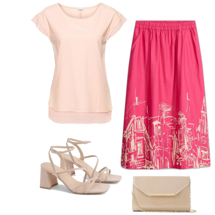 Outfit femme - Jolie jupe. Style Romantique pour Soirée dehors. Assortir avec jupes au genou, t-shirts, pochette, sandales à talon.