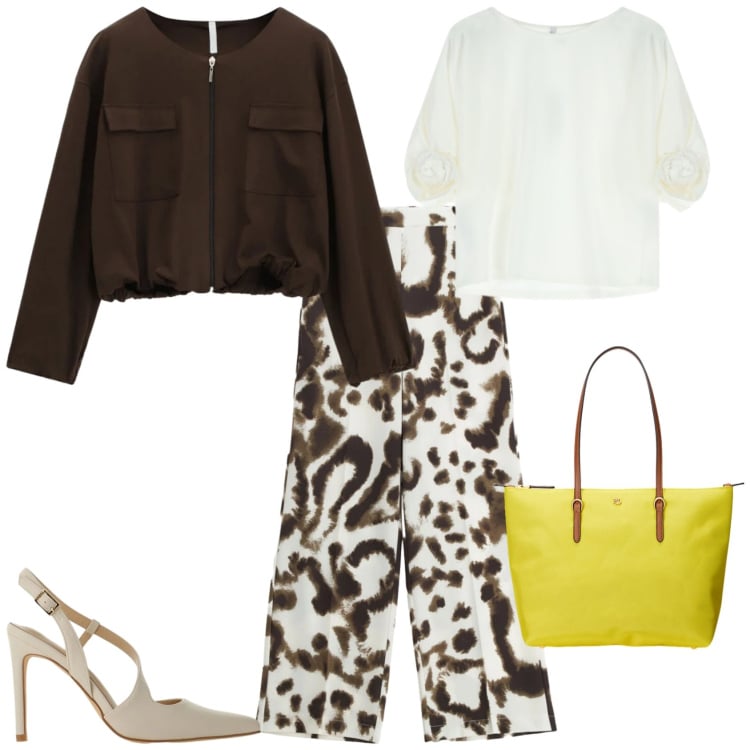 Outfit donna - Casual chic ufficio tempo libero. Stile Casual chic per Tutti i giorni. Abbinamento con bluse, décolleté, pantaloni a palazzo, bomber, borse tote.