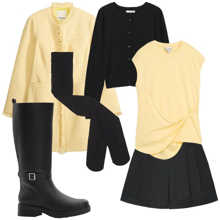 Outfit donna - Un po\' ape Maia. Stile Chic per Tutti i giorni. Abbinamento con stivali, top, blazer, collant, cardigans, shorts.