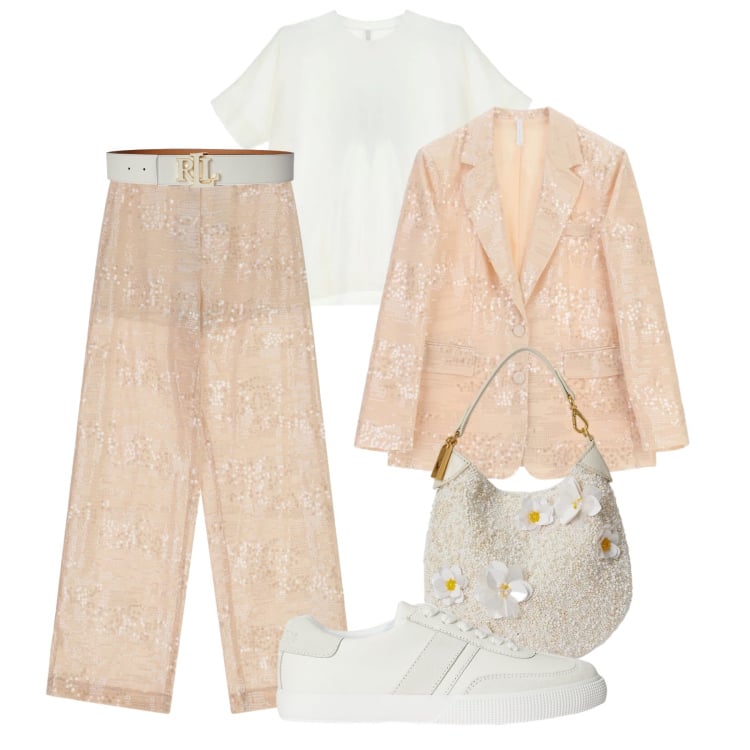 Outfit donna - New trend: paillettes di giorno. Stile Casual chic per Tutti i giorni. Abbinamento con t-shirt, pantaloni a palazzo, blazer, cinture, sneakers, pochette.