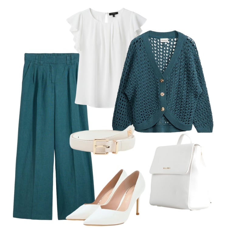 Outfit donna - Verde pepe al lavoro. Stile Glamour per Ufficio. Abbinamento con zaini, cardigans, pantaloni, cinture, top, décolleté.