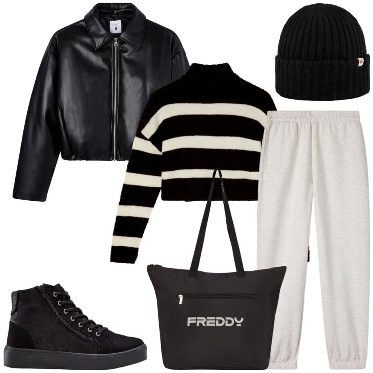 Outfit donna - Total look #2371118. Stile Sporty chic per Tutti i giorni. Abbinamento con sneakers alte, giacche, maglieria, pantaloni, berretti, shopping bag.