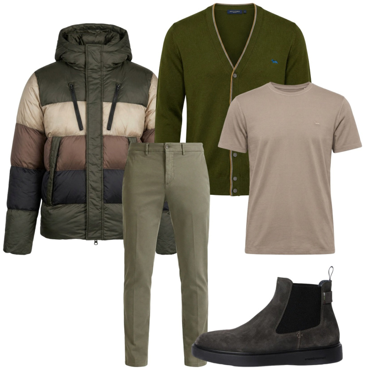 Outfit uomo - Total look #2371119. Stile Urban per Tutti i giorni. Abbinamento con stivali e stivaletti, cardigans, pantaloni chino, t-shirt, piumini.