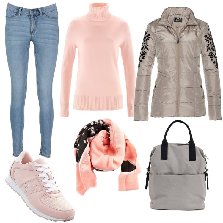 Outfit donna - Casual pink. Stile Basic per Tutti i giorni. Abbinamento con piumino con stampa, sneakers con strass rosso, zaino con spalline doppio manico in denim, maglia a coste collo a dolcevita con polsini, sciarpa con stampa e frange nero, jeggings skinny in denim elasticizzato.