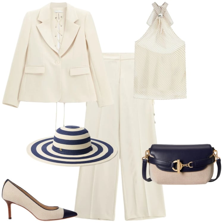 Outfit donna - Bon ton cerimonia evento serata. Stile Bon Ton per Cerimonia. Abbinamento con pantaloni, blazer, top, borse a tracolla, décolleté, cappelli.