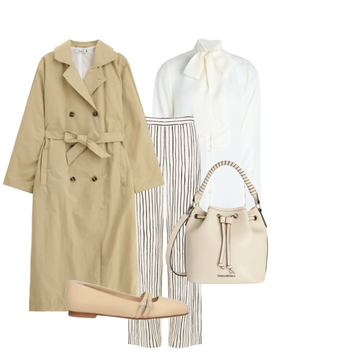 Outfit donna - Total look #2371124. Stile Bon Ton per Ufficio. Abbinamento con camicie, ballerine, borse a secchiello, pantaloni a palazzo, trench.