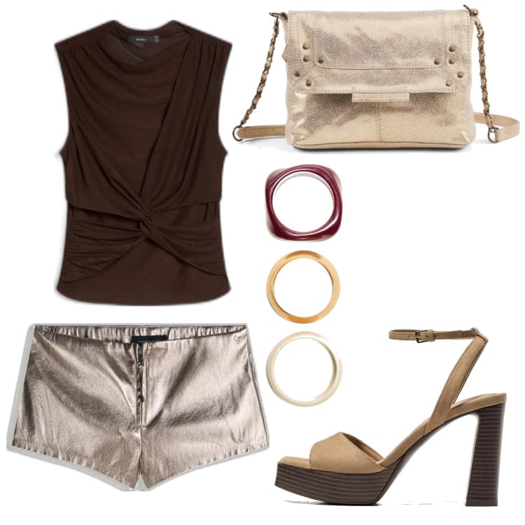 Outfit mujer - Sexy look. Estilo Sexy para Noche/Fiesta elegante. Combinación con bolsos de mano, pulseras, sandalias, top, shorts.