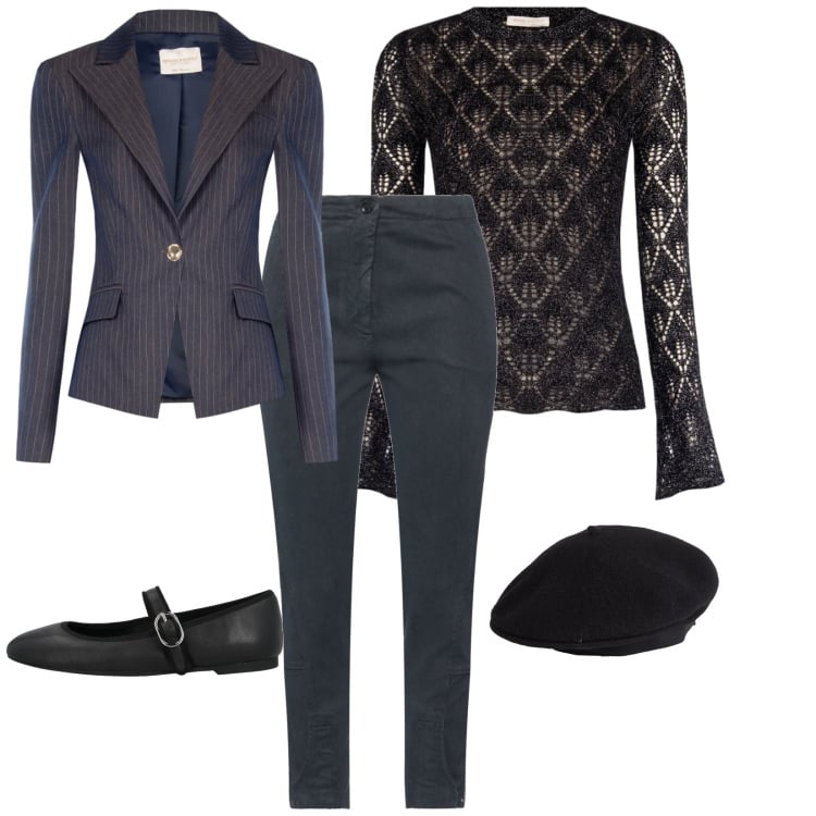 Outfit donna - Total look #2371129. Stile Trendy per Serata fuori. Abbinamento con cappelli e berretti, jeans slim fit, ballerine, blazer, t-shirt.
