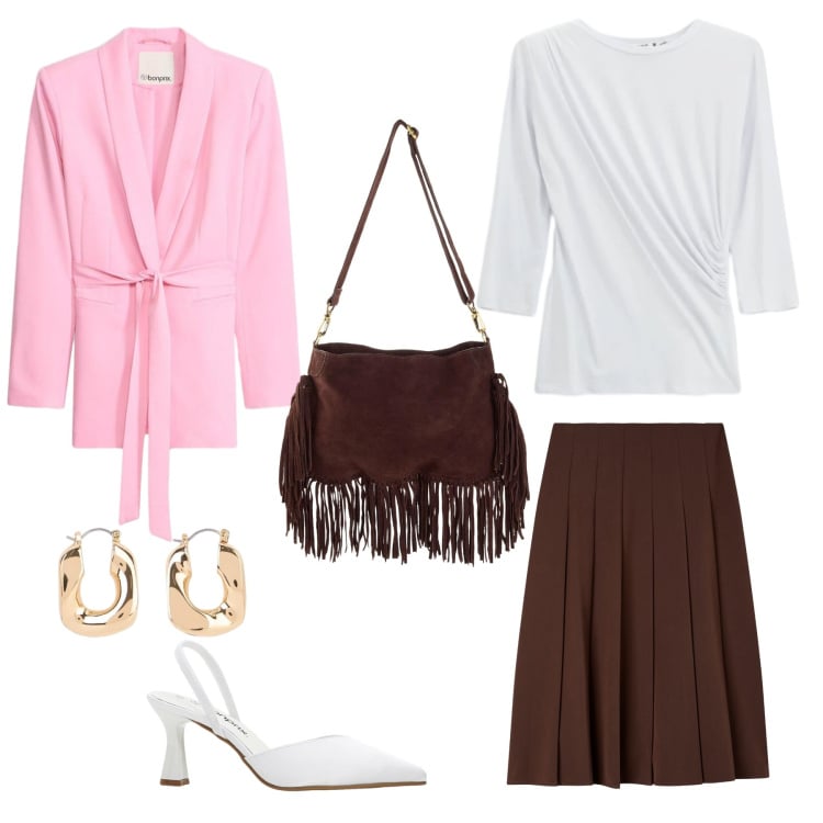 Outfit donna - Pasqua low cost. Stile Trendy per Cerimonia. look ideale per Tall. Abbinamento con décolleté, borse a tracolla, orecchini, blazer, gonne lunghe, top.