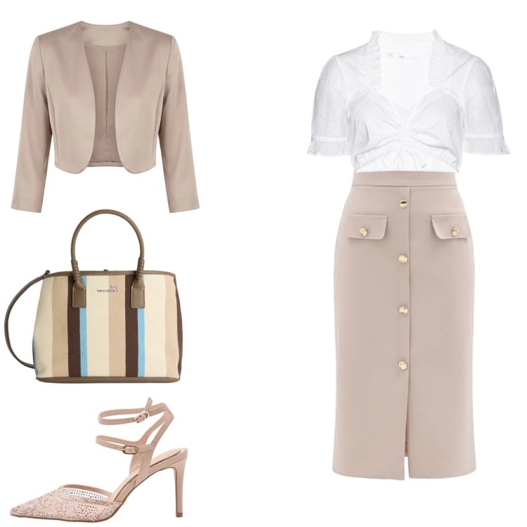 Outfit donna - Eleganza Primaverile: il fascino del Bon. Stile Bon Ton per Cerimonia. Abbinamento con camicie, shopping bag, gonne longuette, décolleté, blazer.