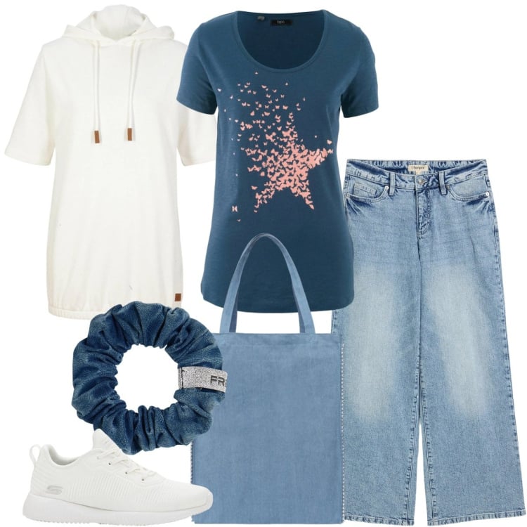 Outfit donna - Felpa bianca e blu marino. Stile Sporty chic per Tutti i giorni. Abbinamento con t-shirt, felpe con cappuccio, jeans, sneakers, borse tote, accessori per capelli.