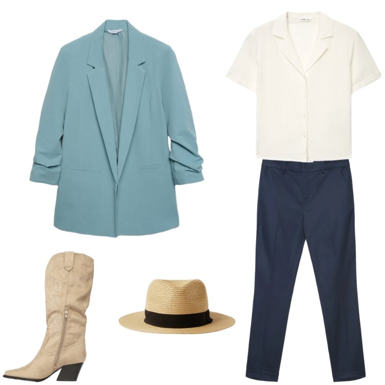 Outfit donna - Urban easy. Stile Urban per Tutti i giorni. Abbinamento con blazer, cappelli, stivali, camicie a manica corta, pantaloni skinny.