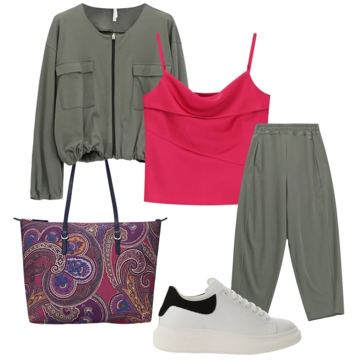 Outfit donna - Il rosa al comando. Stile Urban per Tutti i giorni. look ideale per Petite. Abbinamento con canottiere, sneakers, bomber, pantaloni, borse tote.