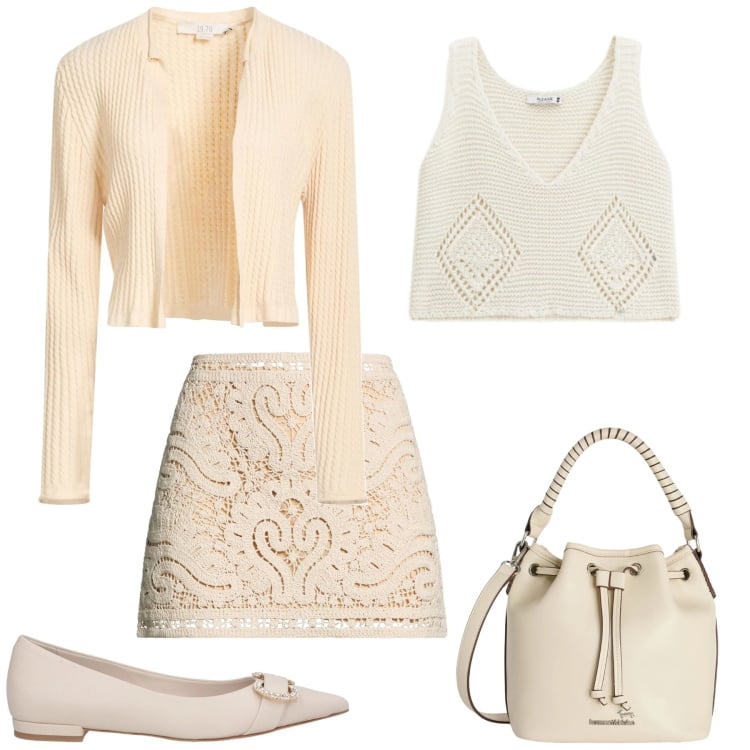 Outfit donna - Chanel il pomeriggio. Stile Casual chic per Tutti i giorni. Abbinamento con ballerine, cardigans, minigonne, borse a secchiello, top.