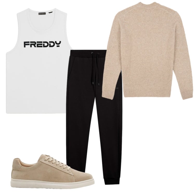 Outfit uomo - Vento al parco. Stile Casual per Tutti i giorni. Abbinamento con sneakers, pantaloni, canottiere, maglieria.