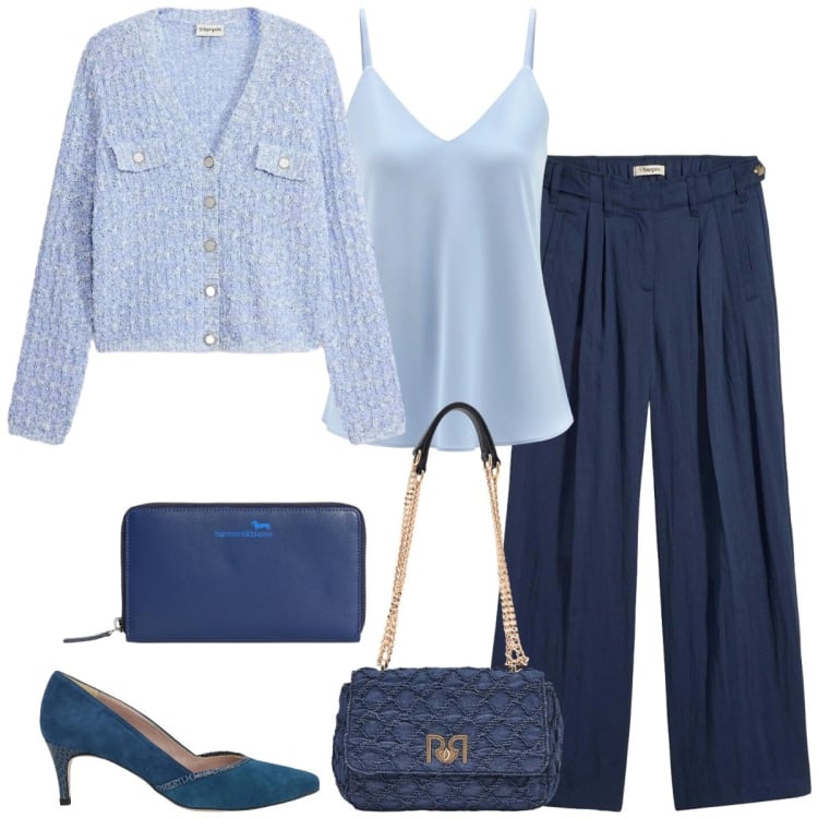 Outfit donna - Elegante in ufficio. Stile Casual chic per Ufficio. Abbinamento con décolleté, cardigans, pantaloni, portafogli, borse a spalla, canottiere.
