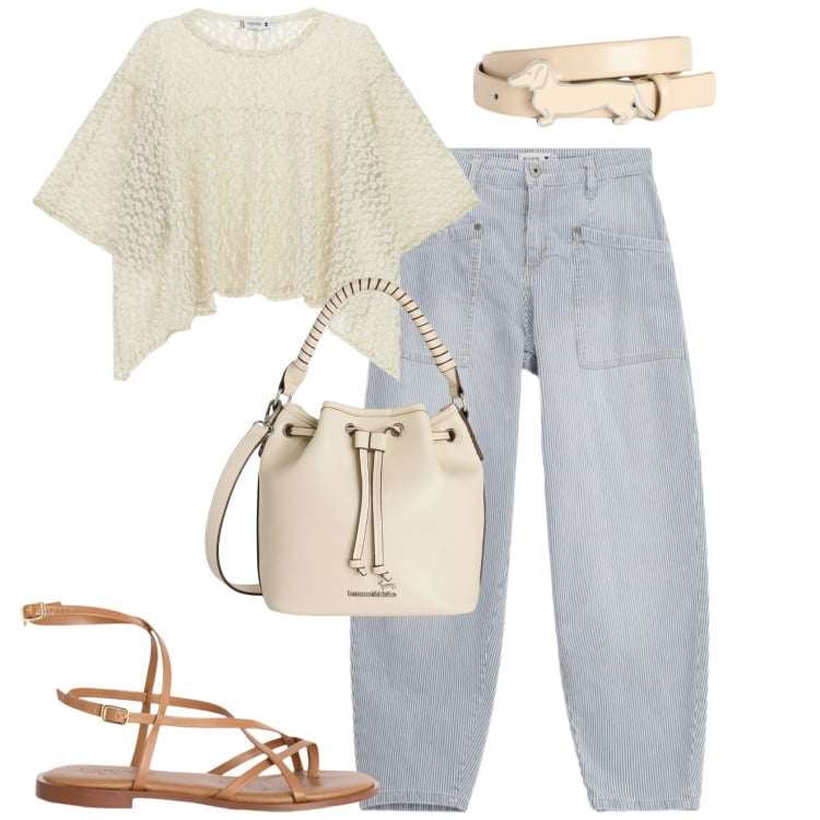 Outfit donna - Please. Stile Casual chic per Tutti i giorni. Abbinamento con borse a secchiello, sandali in pelle, cinture, top, jeans.